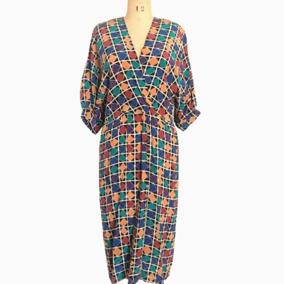 Vintage Charles Bianco 100% midi dress in geometric pattern - Picture 1 of 14